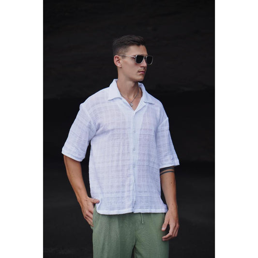 BEACHWELL Kemeja Pria Putih Katun Salur oversized Lengan Pendek - Aomo shirt