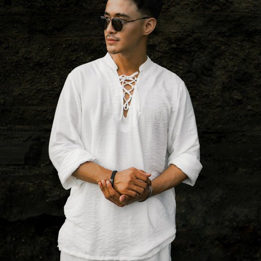 BEACHWELL Kemeja Atasan Pria Linen Lengan Panjang Kasual - Polo Rope