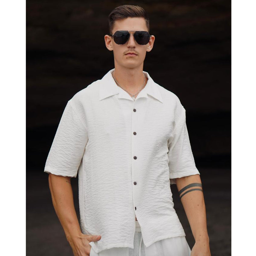 BEACHWELL Kemeja Pria Putih Linen polo Oversized COD Kemeja Pantai Lengan Pendek - Azura shirt