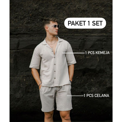 BEACHWELL SATU SET CELANA PENDEK & BAJU KEMEJA LINEN OVERSIZED - SAKALA SERIES