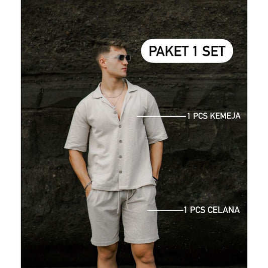 BEACHWELL SATU SET CELANA PENDEK & BAJU KEMEJA LINEN OVERSIZED - SAKALA SERIES