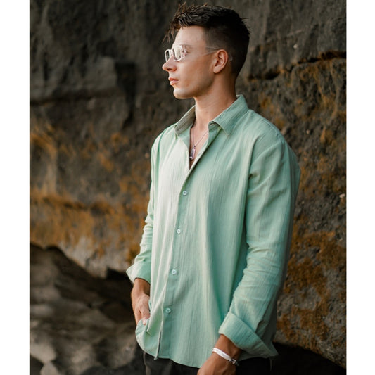 BEACHWELL Kemeja Pria Lengan Panjang Linen Krinkel Hijau Sage - Kemeja Luca Series Green Sage