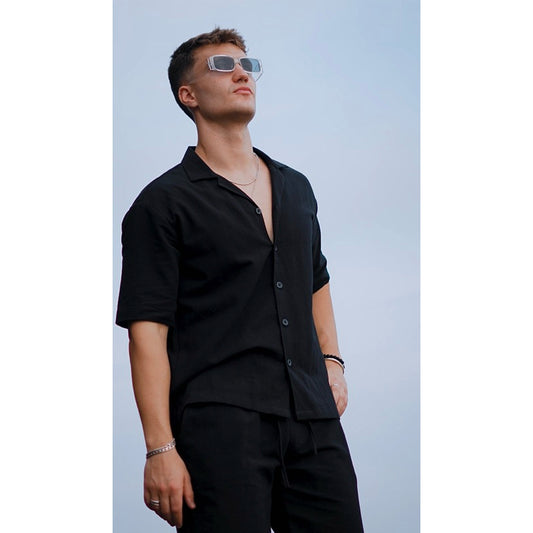 BEACHWELL Kemeja Pria Linen Lengan Pendek Model Oversized - SAKALA Series Hitam