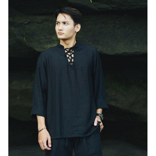 BEACHWELL Baju Kemeja Pria Tali Lengan Panjang Linen Hitam - Polo Rope Hitam