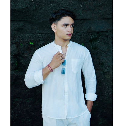 BEACHWELL Kemeja Pria Linen Kerah koko Mandarin Lengan Panjang - Kemeja Fuji Fiji Linen Keringkel