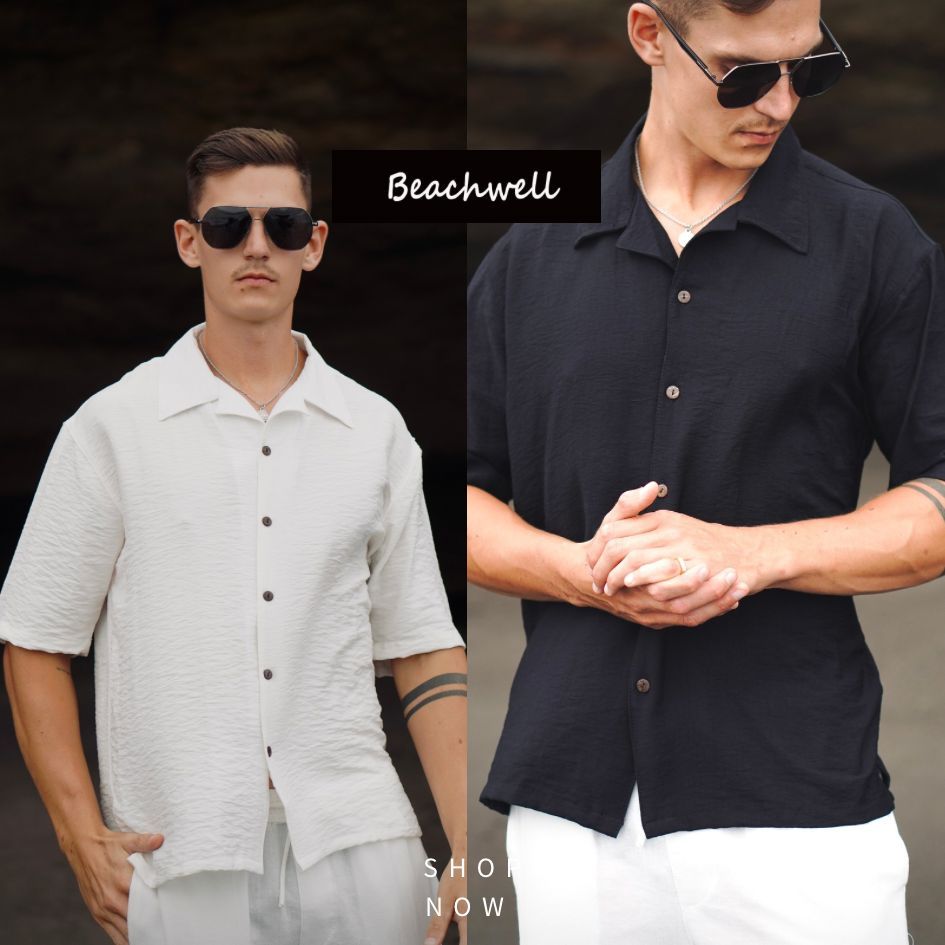 BEACHWELL Kemeja Pria Putih Linen polo Oversized COD Kemeja Pantai Lengan Pendek - Azura shirt