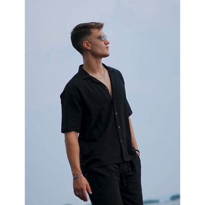 BEACHWELL Kemeja Pria Linen Lengan Pendek Model Oversized - SAKALA Series Hitam