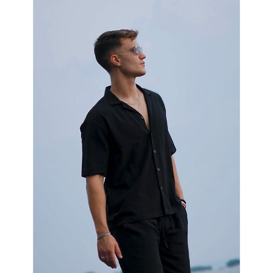 BEACHWELL Kemeja Pria Linen Lengan Pendek Model Oversized - SAKALA Series Hitam