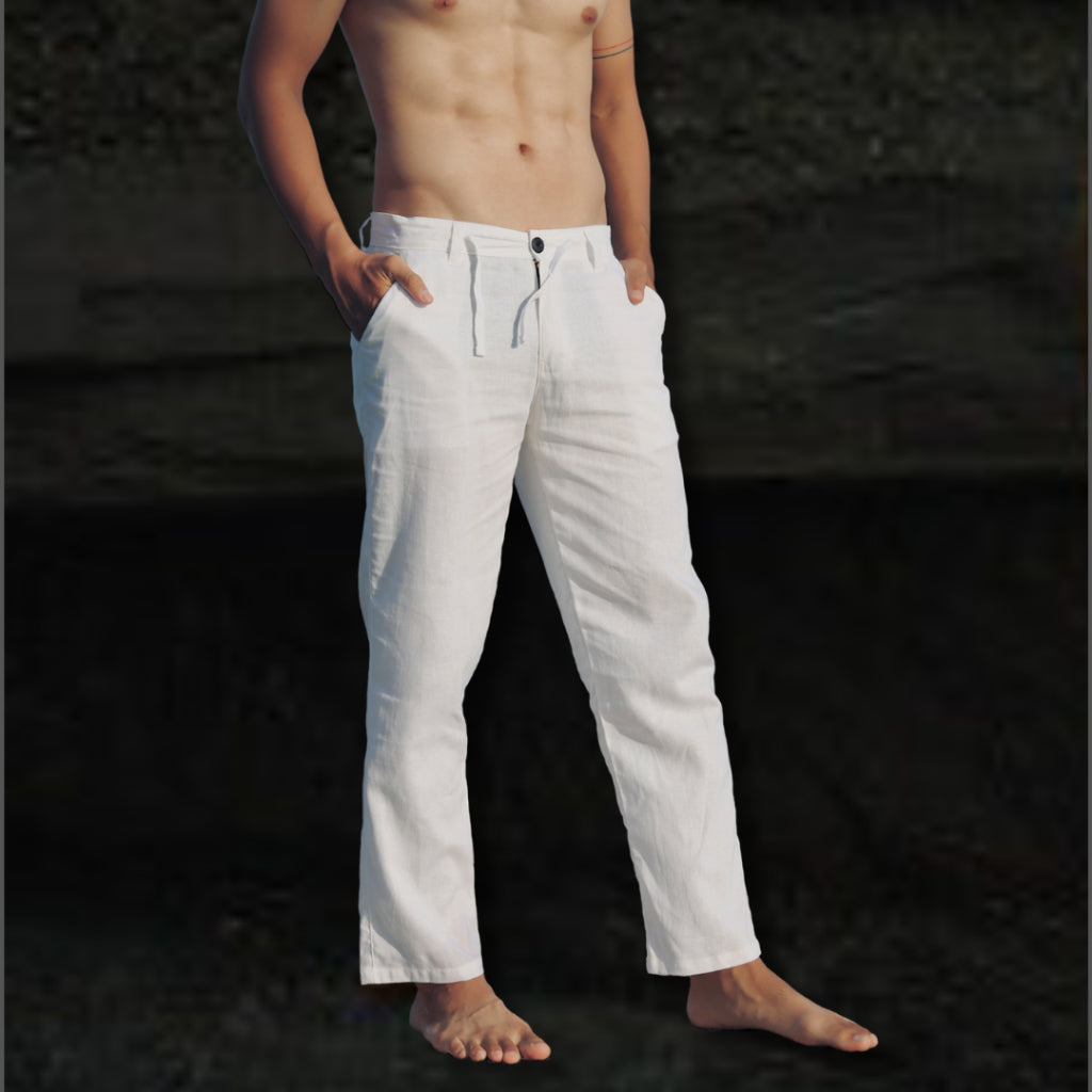 BEACHWELL Celana Panjang Putih Pria Linen Premium - White Linen Pants Premium Bali