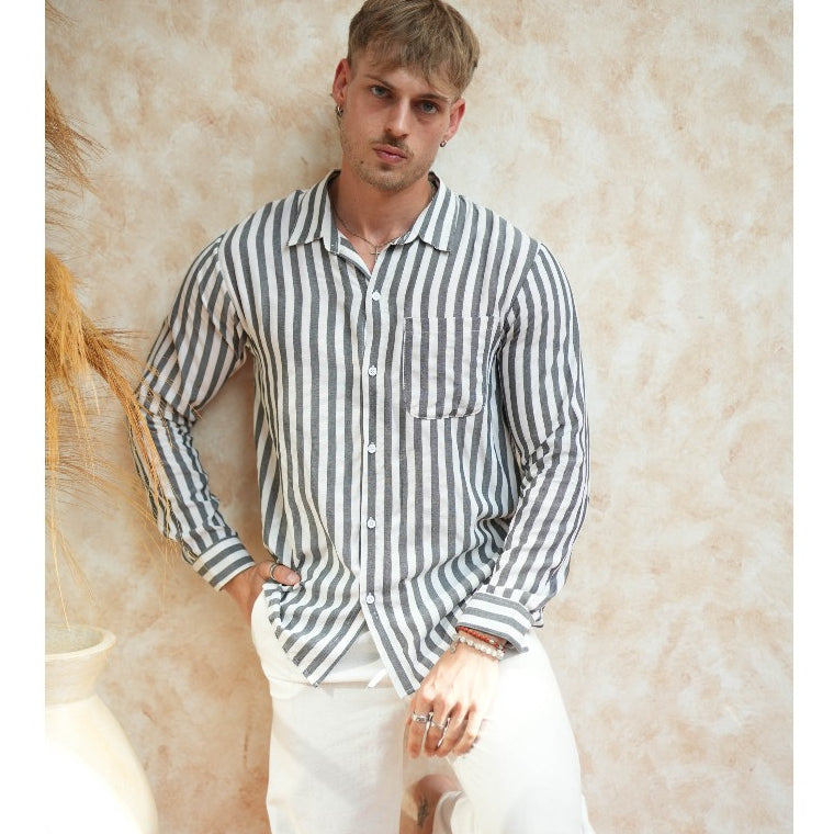 BEACHWELL Baju Kemeja Pria Garis Stripes Benito Stripes Kemeja Garis Lengan Panjang Beachwell Bali