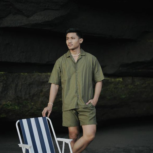 BEACHWELL SATU SET LINEN PRIA CELANA PENDEK + BAJU KEMEJA - LINEN MARCO SERIES