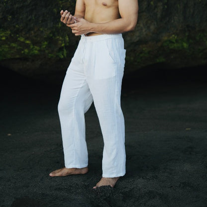 BEACHWELL Celana Panjang Putih Pria - Rosalia Series Loose Straight Pants - Celana Pantai Putih Pria