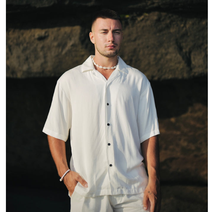 BEACHWELL Kemeja Pria Rayon Twill Polos COD - Kemeja Bowling Lengan Pendek Warna Putih, Cream, Hitam