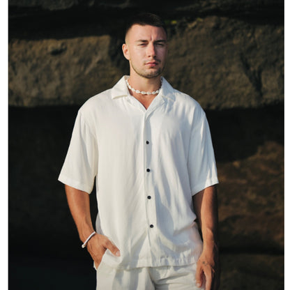 BEACHWELL Kemeja Pria Rayon Twill Polos COD - Kemeja Bowling Lengan Pendek Warna Putih, Cream, Hitam