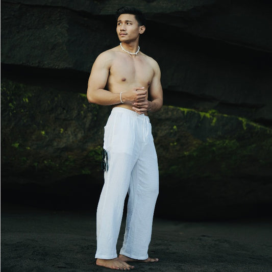 BEACHWELL Celana Panjang Putih Pria - Rosalia Series Loose Straight Pants - Celana Pantai Putih Pria