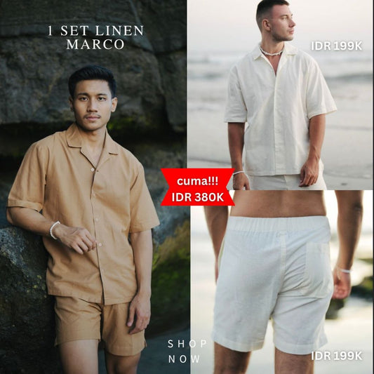 BEACHWELL SATU SET LINEN PRIA CELANA PENDEK + BAJU KEMEJA - LINEN MARCO SERIES