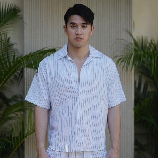 BEACHWELL Kemeja Pria Linen Garis Stripes Linen Katun Lengan Pendek - Bozzaline Series All Varian