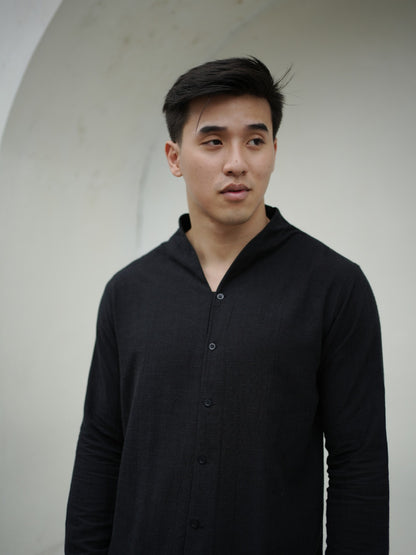 Kemeja Polo Tali Linen Lengan Panjang - Putih Rusak
