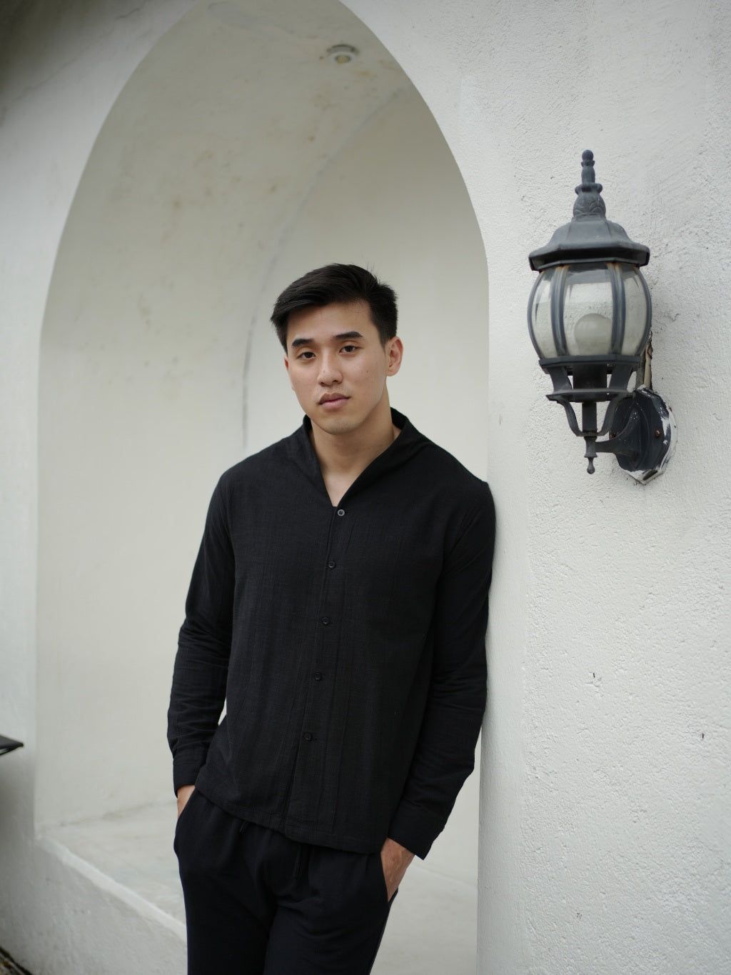 Kemeja Polo Tali Linen Lengan Panjang - Putih Rusak