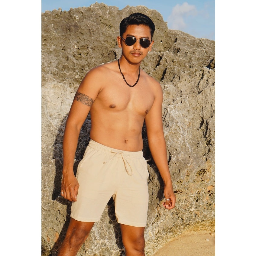 BEACHWELL Celana Pendek Pria Linen Katun - Canggu Series - warna Cream - Celana Linen Pantai COD