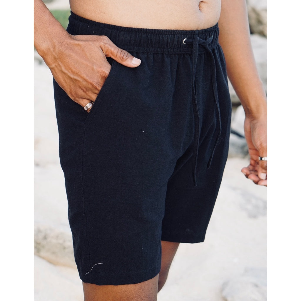 BEACHWELL Celana Pendek Pria Linen Katun - Canggu Series - Hitam Black - COD Celana Linen Pantai