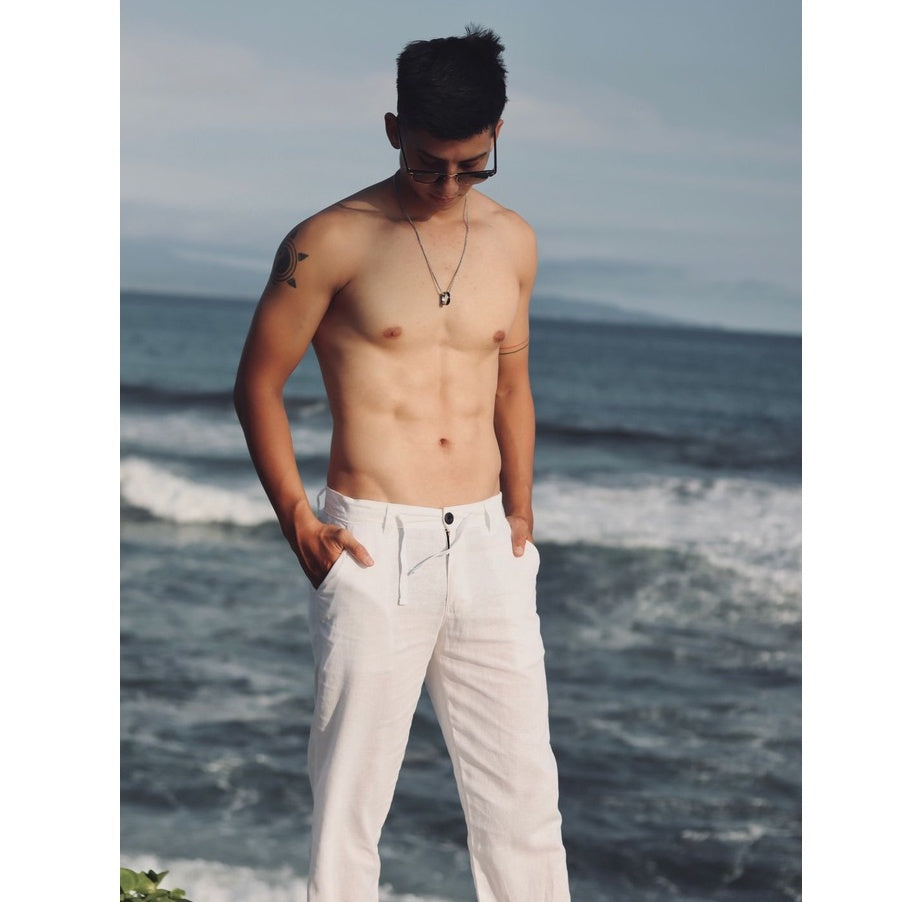 BEACHWELL Celana Panjang Putih Pria Linen Premium - White Linen Pants Premium Bali