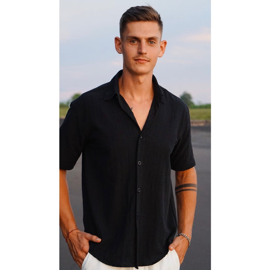 BEACHWELL Kemeja Pria Linen Katun Lengan Pendek -  Canggu Series - Hitam Black