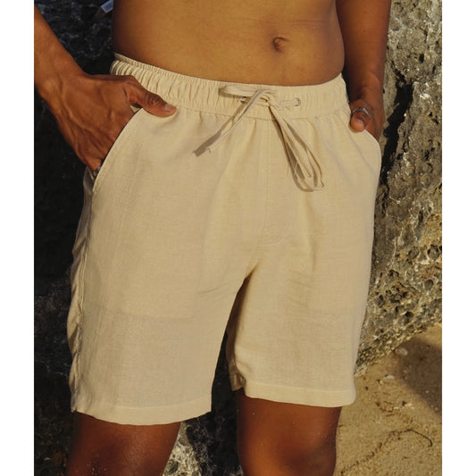 BEACHWELL Celana Pendek Pria Linen Katun - Canggu Series - warna Cream - Celana Linen Pantai COD